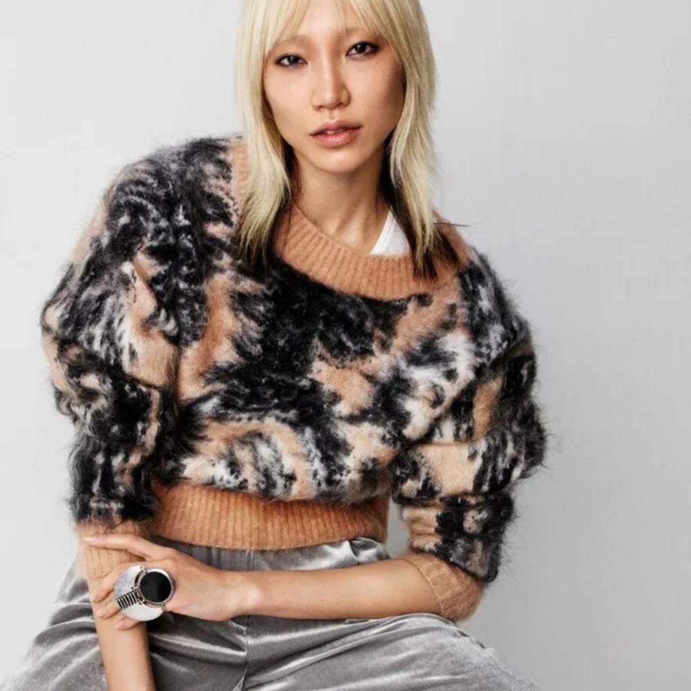 Runway H&M Studio Collection Beige Black Mohair Sweater Print Wool 4 S RARE